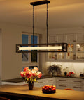 Industrial Farmhouse Kitchen Island Lighting 39.4 Inch Black Rectangular Pendant Fixture Over Table 34W LED Dimmable Linear Chandeliers