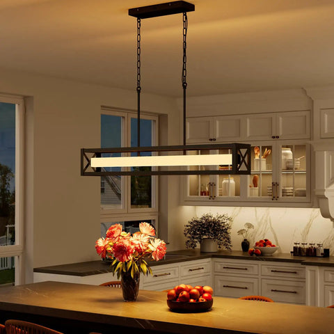 Industrial Farmhouse Kitchen Island Lighting 39.4 Inch Black Rectangular Pendant Fixture Over Table 34W LED Dimmable Linear Chandeliers