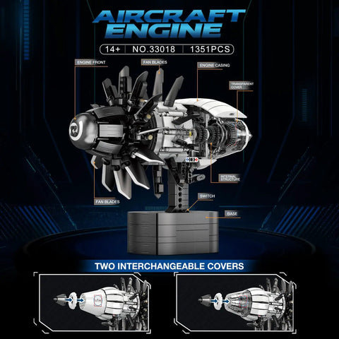 Motorized Jet Turbofan Engine Model Kit With 1351 Pieces, Realistic Aircraft Engine Build for Adults, showing components and display base.