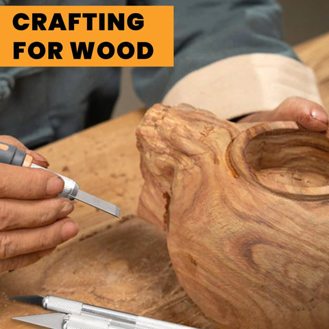 Person using Exacto Knife Set For Precision Crafting, 16 Piece Hobby Knife Kit With Razor Sharp Blades on wooden sculpture.