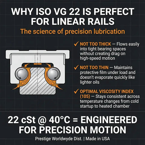 Chart explaining benefits of ISO VG 22 oil for linear rails, including viscosity and lubrication details. Made in USA.