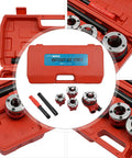 Top Notch Manual Pipe Threader Kit With 4 Die Heads For 1/2 To 1-1/4 Inch Steel Pipes Featuring Durable Construction And Slip Retardant Handle For Heavy Duty DIY And Pro Plumber Jobs. Red case with 4 die heads and handle set for steel pipe threading