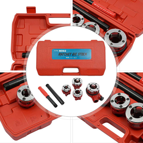 Top Notch Manual Pipe Threader Kit With 4 Die Heads For 1/2 To 1-1/4 Inch Steel Pipes Featuring Durable Construction And Slip Retardant Handle For Heavy Duty DIY And Pro Plumber Jobs. Red case with 4 die heads and handle set for steel pipe threading