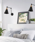 Industrial Style LED Wall Sconce With Adjustable Swing Arm Black And Brass Gold Metal Shade Bedside Reading Light above bed