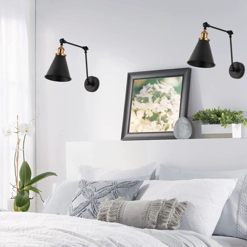 Industrial Style LED Wall Sconce With Adjustable Swing Arm Black And Brass Gold Metal Shade Bedside Reading Light above bed