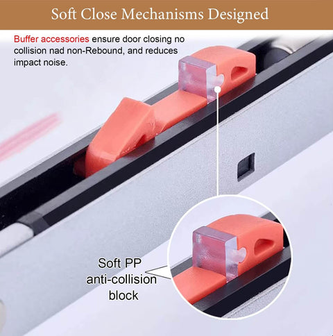 Close-up of Soft Close Pocket Door Hardware With Track Kit For Sliding Barn Doors and Closet Doors Top Mount Guide System