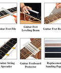 17Pcs Guitar Fret Repair Kit with crowning file, rubber hammer, leveling beam, fret rocker, string spreaders, protectors shown