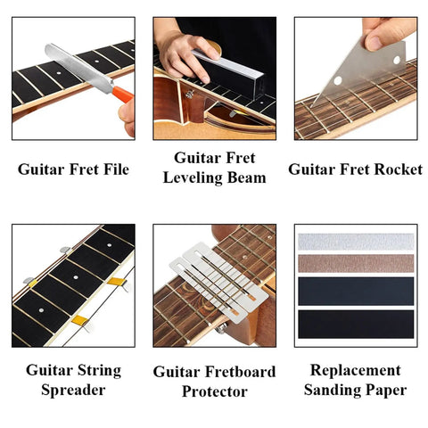 17Pcs Guitar Fret Repair Kit with crowning file, rubber hammer, leveling beam, fret rocker, string spreaders, protectors shown
