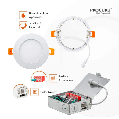 4-Pack 3-Inch LED Color Selectable Ultra-Thin Recessed Ceiling Downlights With J-Box Dimmable 2700K-6000K components display