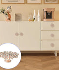 Four Piece Flower Shape Cabinet Knob Set In Rose Gold With Crystal Glass Pull Handles For Cabinets, Drawers, Dressers, Wardrobes, Closets And Other Furniture With Screws That Look Ultra Cool installed on white sideboard.