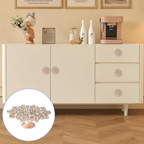 Four Piece Flower Shape Cabinet Knob Set In Rose Gold With Crystal Glass Pull Handles For Cabinets, Drawers, Dressers, Wardrobes, Closets And Other Furniture With Screws That Look Ultra Cool installed on white sideboard.