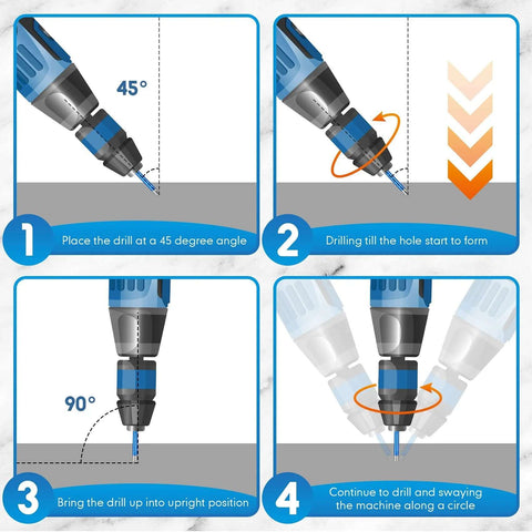Dry diamond drill bits set by Amazon, 10 pcs, 1/4 in shank; four-step drilling guide for granite, marble, tile.