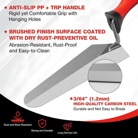 Three Piece Masonry Tools Set Featuring Seven Inch Gauging Trowel, Carbon Steel, Soft Grip, Rust-Preventive Finish
