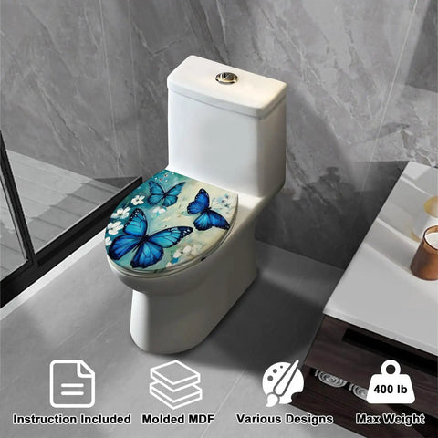 Elongated Toilet Seat Replacement for Bathroom with blue butterfly design on molded MDF material, suitable for up to 400 lbs.