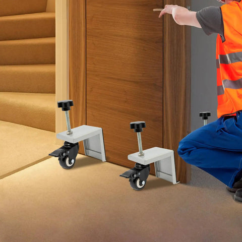 Heavy Hitter Door Dolly Cart 2 Pack 1000 Lb Capacity Steel Frame with 360 swivel brakes supporting a door.