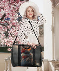 Woman holding Waterproof Weekender Carry On Duffel For Women Durable Gym Bag And Overnight Travel Tote Lightweight Tear Resistant Polyester Black Rooster Design.