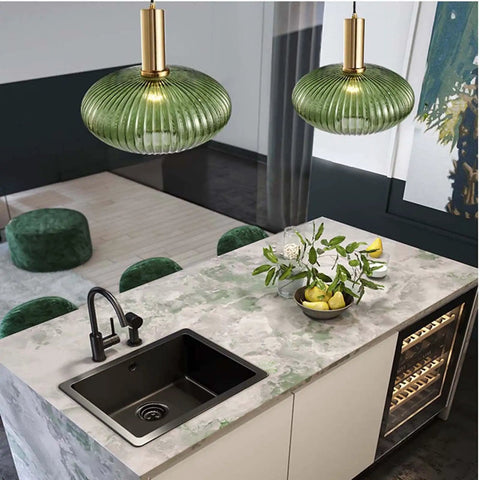 Industrial Vintage Glass Pendant Lighting With Brass Finish For A Dope Modern Retro Look Green Glass Shade 11.8 Inch Wide Hanging Ceiling Lamp