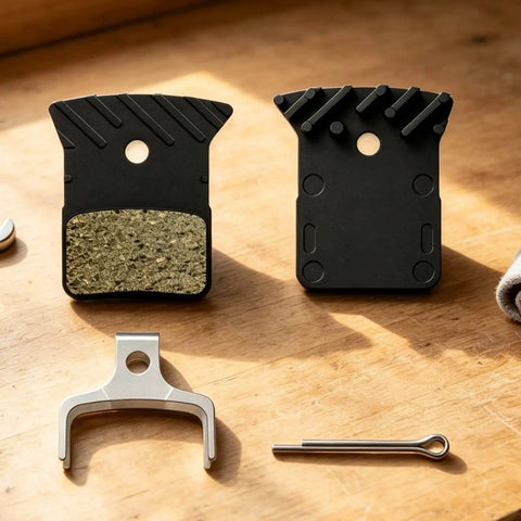 Road Bike Disc Brake Pads Kit With Spring And Pin For Consistent Stopping On Road Rides Resin And Metal Construction With Stainless Steel Support Durable Spares For Daily Rides And Routine Maintenance, shown with pads and pin