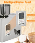 Top Shelf Automatic Filling Machine For Grains And Seeds Straight Up Fast Two To Five Second Bag Packing For Coffee Beans And Spices Dead On One Hundred Gram Dispenser Built Heavy Duty showing intelligent control panel and stainless steel bowl.