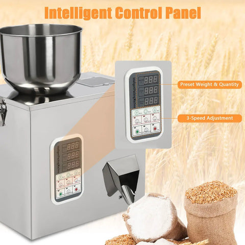 Top Shelf Automatic Filling Machine For Grains And Seeds Straight Up Fast Two To Five Second Bag Packing For Coffee Beans And Spices Dead On One Hundred Gram Dispenser Built Heavy Duty showing intelligent control panel and stainless steel bowl.
