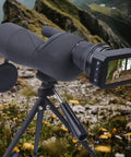 Black 4K HD Eyepiece Camera For Telescopes With 3 Inch LCD Display And 5X Digital Zoom on tripod in mountainous terrain