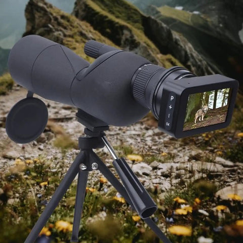 Black 4K HD Eyepiece Camera For Telescopes With 3 Inch LCD Display And 5X Digital Zoom on tripod in mountainous terrain