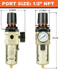 Half Inch Air Compressor Filter Regulator Combo with brass five micron filter, water and oil trap, pressure gauge, semi auto drain.