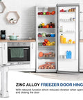 Heavy Duty Zinc Alloy Freezer Door Hinges Replacement Set 2 Pcs With 4 Screws installed on open refrigerator door in kitchen