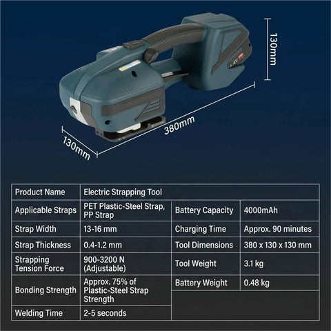 Electric Strapping Machine For PP PET Straps Automatic Steel Tie Gun Tensioner Wielder dimensions and specs image.