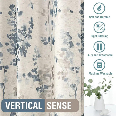 Close-up of Linen Sheer Curtains For Living Room And Bedroom 63 Inch Long Light Filtering Rod Pocket Panels Floral Print