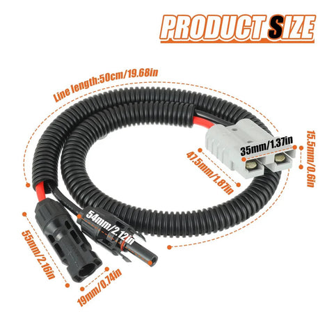 10 AWG Solar Panel Connector Cable For MC4 To 50A 600V Anderson Adapter, Heavy Duty, Weather Resistant Plug Kit, 2 ft shown with dimensions