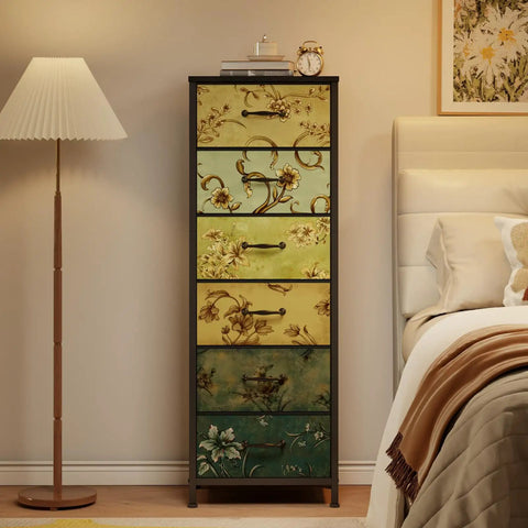 Bedroom with Tall 6-Drawer Dresser With Vintage Style Fabric Bins, Sturdy Metal Frame And Wood Top next to a bed and lamp.