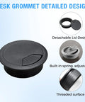 Heavy Duty 2 Inch Desk Grommet And Cord Hole Cover White Abs Cable Pass Through Insert With Smooth Beveled Edge No Fuss Snap Install To Keep Your Office Setup Slick And Super Tidy 2 Pack, detailed view showing detachable lid and adjustable spring features.