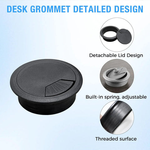 Heavy Duty 2 Inch Desk Grommet And Cord Hole Cover White Abs Cable Pass Through Insert With Smooth Beveled Edge No Fuss Snap Install To Keep Your Office Setup Slick And Super Tidy 2 Pack, detailed view showing detachable lid and adjustable spring features.