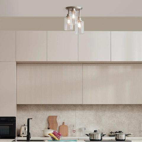Three Light Semi Flush Mount Ceiling Light With Brushed Steel Finish And Clear Glass Shades E26 Socket Front Porch Lighting
