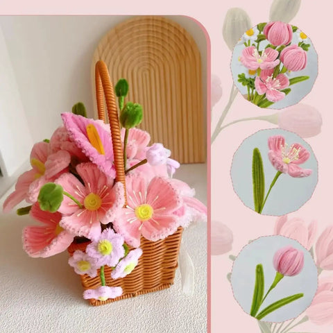 Bulk 500 Pcs Pipe Cleaners Craft Kit With 6 Color Chenille Stems For DIY Flowers Pink Pack Includes Floral Stems Stamens Glue Sticks Ribbon Tape And Floral Paper Gift For Kids Art Projects And Fun, pink pipe cleaner flower basket