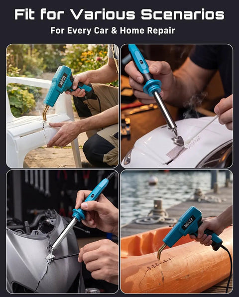 Beefy 150W Plastic Welder Kit 2 In 1 Hot Stapler And Soldering Iron used on plastic chair, car bumper, and kayak