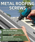 Metal roofing screws with EPDM washers being installed with a drill, highlighting zinc-plated finish for durability.