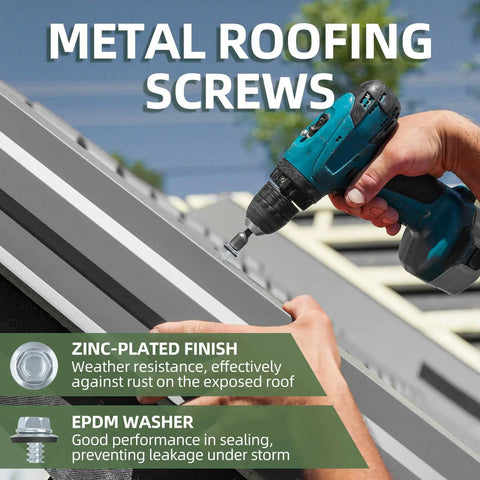 Metal roofing screws with EPDM washers being installed with a drill, highlighting zinc-plated finish for durability.