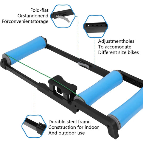 Whisper Quiet Indoor Bike Trainer With Foldable Stand For Road And Mountain Bikes showing blue rollers and black steel frame