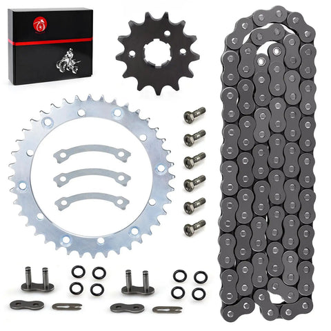 Heavy Duty O Ring Drive Chain And Drive Sprockets Kit For Warrior 350 YFM350X ATV 1989 2004 Gray Includes 520 O Ring Chain 40T Rear Sprocket And 13T Front Sprocket Replacement, shown with components and packaging.