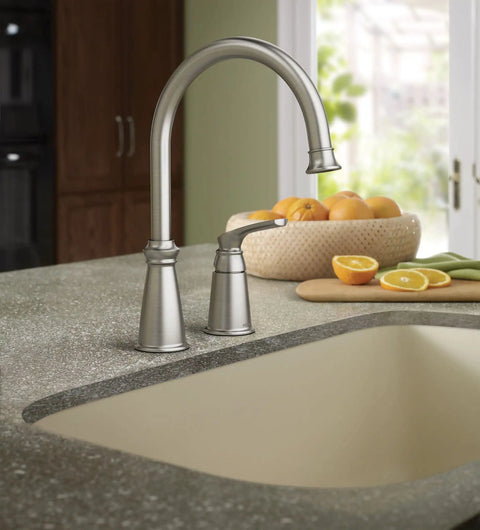 Top Shelf High Arc Kitchen Faucet With Spot Resist Stainless Finish And Smooth One Handle Design To Make Kitchen Chores An Absolute Breeze On Your Counter on kitchen counter with fruit basket.