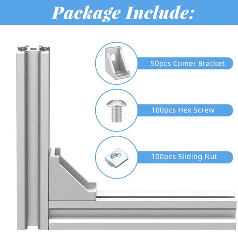 Package contents of 50 Piece Aluminum Profile Connector Kit For 6mm Slot Extrusions featuring corner bracket, hex screw, and sliding nut