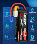 Beefy 22.2V 6000mAh 60C 6S LiPo Battery With EC5 Plug for RC vehicles, showing specs, black casing, and connectors.