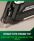 Close-up of the 36V Cordless Metal Connector Nailer With MultiVolt 2.5Ah Battery, highlighting strap-tite probe tip.