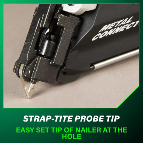 Close-up of the 36V Cordless Metal Connector Nailer With MultiVolt 2.5Ah Battery, highlighting strap-tite probe tip.