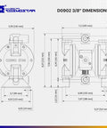 Dimensions diagram of Heavy Duty 3/8 Double Air Diaphragm Pump Rock Solid Aluminum Body Teflon Valves.