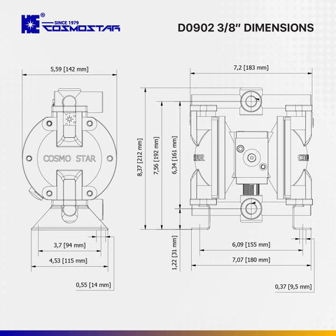 Dimensions diagram of Heavy Duty 3/8 Double Air Diaphragm Pump Rock Solid Aluminum Body Teflon Valves.