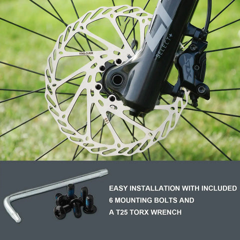 180mm Disc Brake Rotor With 6 Bolts And T25 Torx Tool installed on bike, showing stainless steel construction and fitting hub