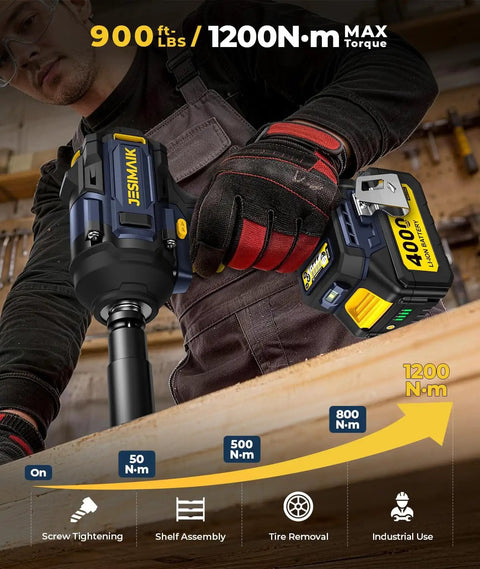Worker using Cordless Impact Wrench With 1200 Newton Meters Breakaway Torque Half Inch Drive Brushless 21 Volt Power Tool